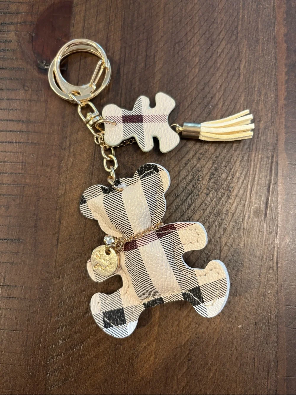 New! Plaid Teddy Bear Tassel Keychain Bag Charm Gold Tone